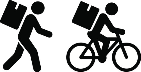 Flat Design Delivery Vector Walking and Cycling Courier Silhouettes on White Background