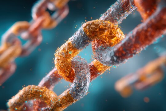 Abstract Chain Links Interlocking in Close Up View for Connection Security and Strength Concept on Blue Background