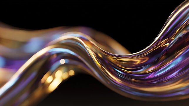 Abstract 3D wave of fluid metal with golden and purple iridescent glow on a black background creating a futuristic and elegant illustration