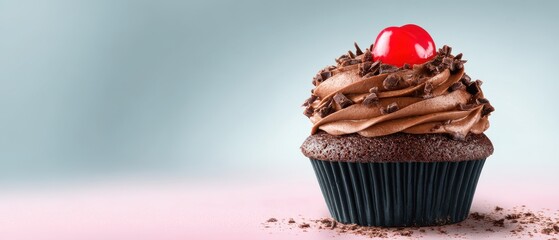 Delicious chocolate cupcake with cherry on top close up studio shot on pink and blue background perfect for dessert advertising
