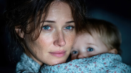 Emotionally struggling woman faces postpartum depression while holding her baby in a soft, intimate moment at home