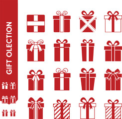 Set of festive red gift box icons with various ribbon styles