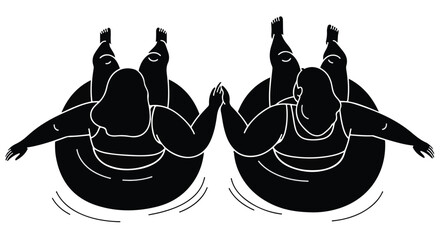 Two people holding hands in a circular pool, enjoying a moment of connection and recreation.