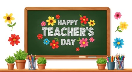 Happy teachers day chalkboard with flowers and potted plants