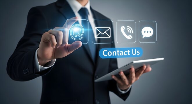 Businessman interacting with digital contact us interface and icons