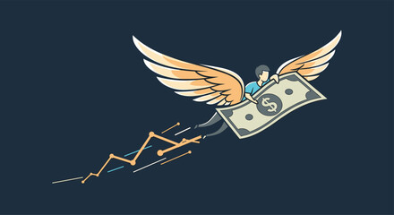 A person with wings flies with a dollar bill as a symbol of financial growth and success.