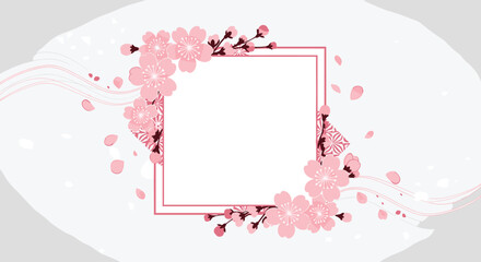 A delicate pink floral frame with falling petals on a light gray background.