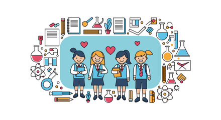 Four smiling students gathered together with educational icons surrounding them on a light blue background.