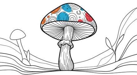 A whimsical doodle of a colorful mushroom with a patterned cap growing in a fantastical garden.