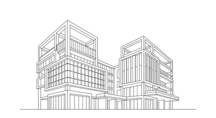 Detailed architectural line drawing of a modern multi-story building with intricate facade details.