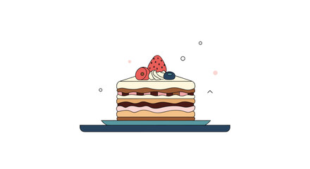 A delicious slice of layered cake with fresh berries on top presented beautifully.