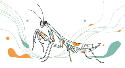 An artistic depiction of a praying mantis with dynamic lines and abstract shapes representing movement and energy.
