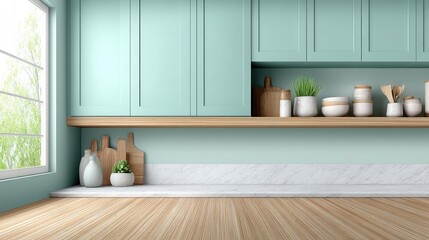 A cozy kitchen showcases a marble dining table with a woven basket filled with greenery, creating a fresh and lively atmosphere