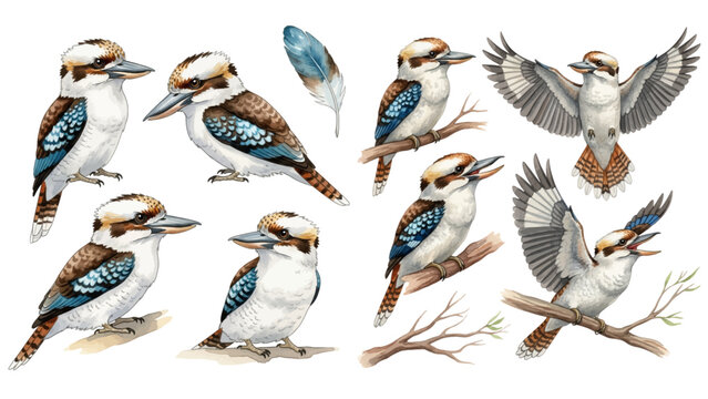 A collection of kookaburra bird illustrations in various poses and angles.
