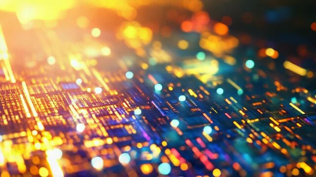 Abstract circuit board surface with glowing data flow
