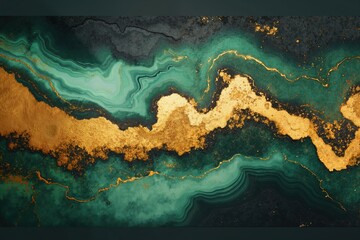 Abstract emerald and gold marbled design with textured patterns and flowing streaks