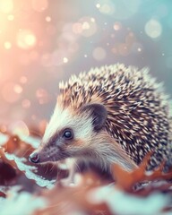 Fototapeta premium A friendly hedgehog is seen nestled within sparkling, colorful leaves, representing the beauty of nature and the enchanting charm of wildlife as it captures the essence of seasonal delight.