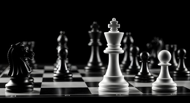 Dramatic black and white chess pieces on a board