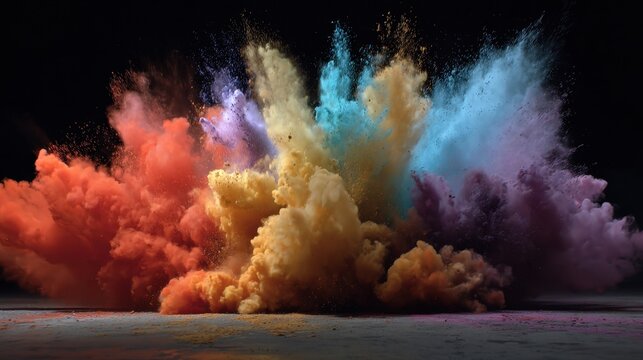 Colorful explosion of powder in slow motion captures vibrant hues and dynamic movement as the particles disperse in a stunning display of creativity at an outdoor event