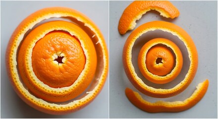 Two views of fresh orange peel spiraled in continuous curl.