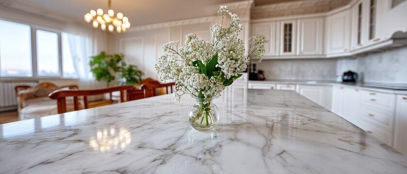 A marble countertop shines in the morning light, adorned with a vase of fresh flowers, elevating the kitchen's warm ambiance