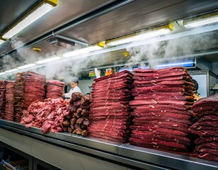Freshly Cut Meat Stacks in a Busy Butcher's Shop with Steam