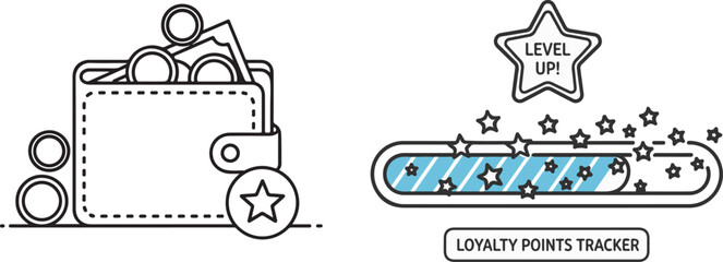Loyalty Rewards Vector: Wallet, Points, Star, Level-Up, and Progress Bar