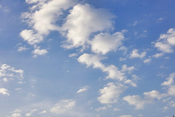 Bright Blue Sky with White Fluffy Clouds Floating in Natural Outdoor Heaven Background