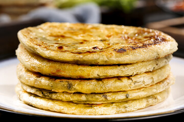 Traditional Chinese Scallion Pancakes Stack - Golden Crispy Layered Flatbread with Green Onions