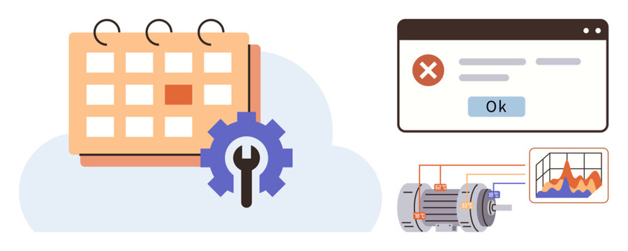 Calendar with gear signifies maintenance scheduling, error message dialog highlights monitoring, motor and graph symbolize data tracking. Ideal for automation, planning, troubleshooting, diagnostics