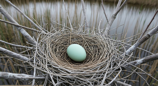 Serene Nest with a Blue Robin Egg among Thickets of Branches Outdoors