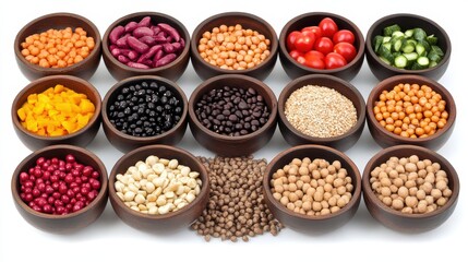 Array of colorful healthy food ingredients in wooden bowls