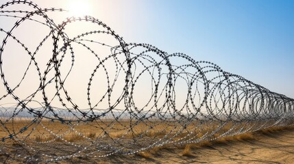 Barbed wire fence forming a security barrier in open landscape