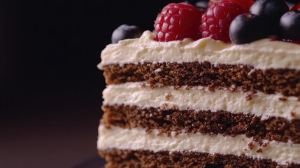 Close up of a layered chocolate cake topped with raspberries