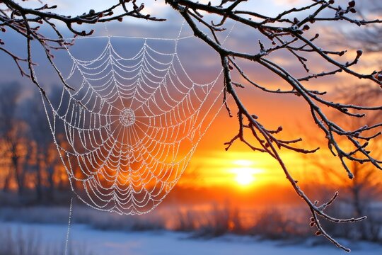 Frosty spiderweb hanging from branch at rural sunrise