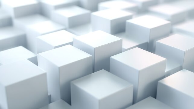 Abstract 3D background multitude white cubes rectangular prisms different heights protruding surface creating minimalistic clean technological gradient pattern