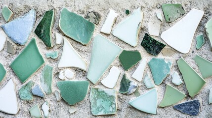 Broken Ceramic Pieces Arranged Into Mosaic Texture Close Up