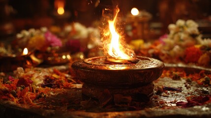 Ritual flame ignites divine prayer during the sacred moment of Nauratri celebration in a vibrant setting filled with flowers and offerings