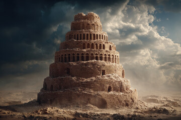 Ancient tower of babel against dramatic sky - biblical architectural icon in desert setting
