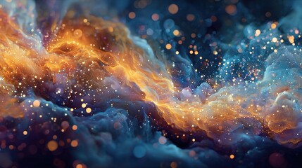 Highly detailed abstract image cosmic nebula with wavy clouds saturated blue golden-orange colors adorned shimmering gold particles bokeh effect