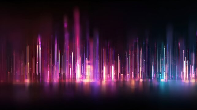 Horizontal abstract image imitating neon visualization sound wave light columns stretching upwards vibrant pink purple blue shades dark background