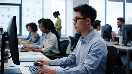 Asian developer feeling flustered as he tackles a coding issue on his desktop computer, while his team of coworkers from various backgrounds are busy working in the background - Powered by Adobe