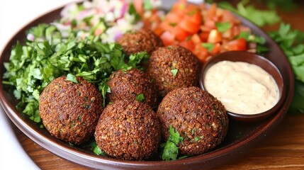 Close Up of Falafel Dish with Tahini and Fresh Herbs