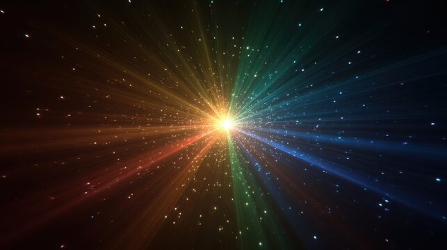 Bright star sparkles with rainbow colors and shiny glitter effects radiating from a central point in a cosmic backdrop