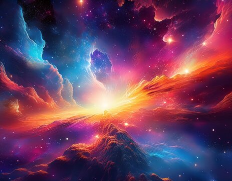futuristic deep space background showing a luminous stellar explosion and colorful cosmic clouds
