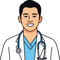 Simple vector illustration of doctor smiling with stethoscope, healthcare positivity theme.