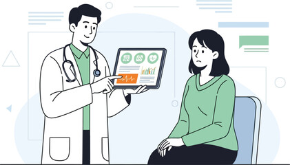 Simple vector illustration of doctor checking patient using tablet, digital healthcare theme.