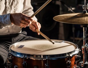 Obraz premium Close-Up of Drummer Playing Snare Drum with Drumsticks in Focus