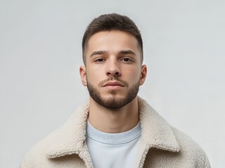 Barbering close-up portrait with neat beard line on young man in sherpa collar, studio headshot