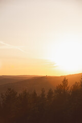 Holmenkollen ski jump rises through golden haze above Oslo pine-covered hills during sunset, glowing in warm Scandinavian spring atmosphere